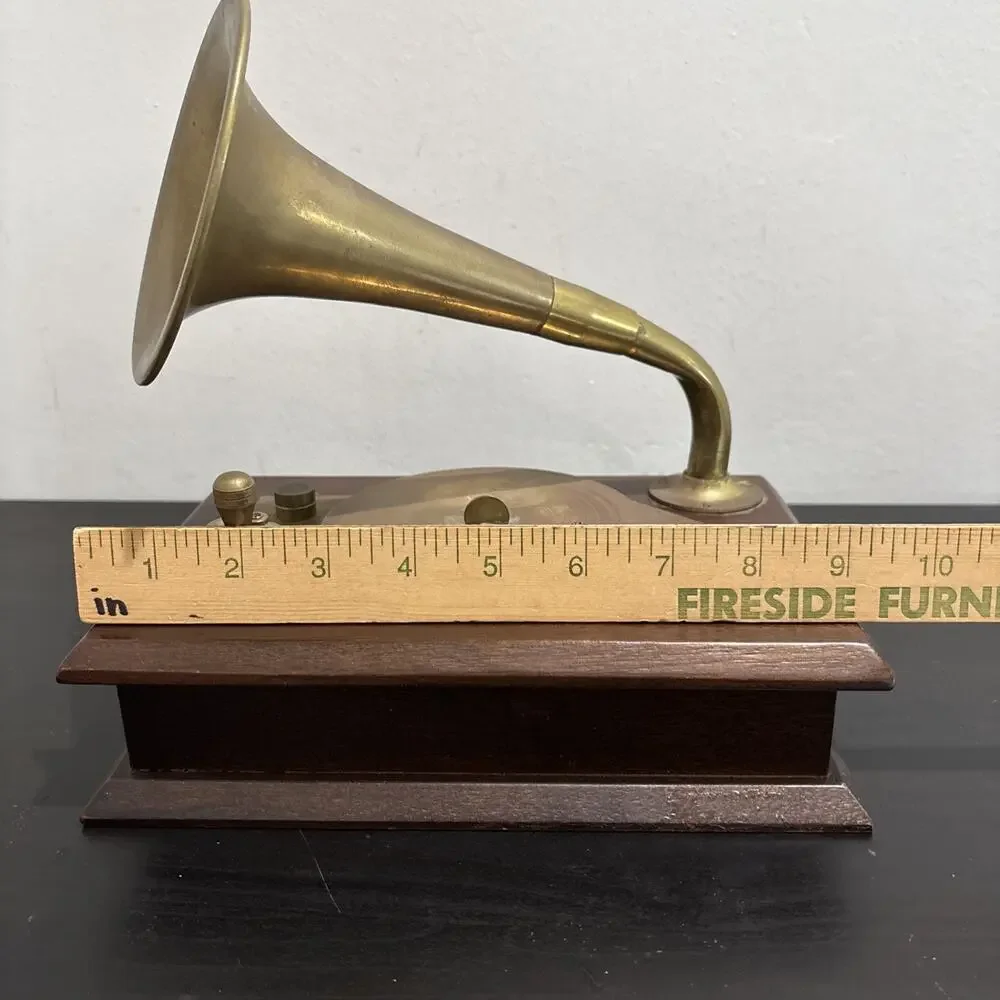 Vintage Gramophone Style Music Box Wood Brass Horn Works Decor Victorian Style